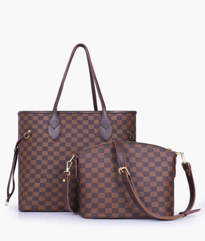 Zephyar - Brown Checkered Tote Bag & Crossbody Bag